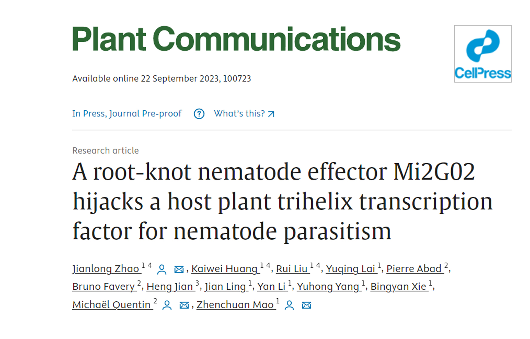 The Institute of Vegetables and Flowers reveals a new molecular mechanism of root-knot nematode effector proteins