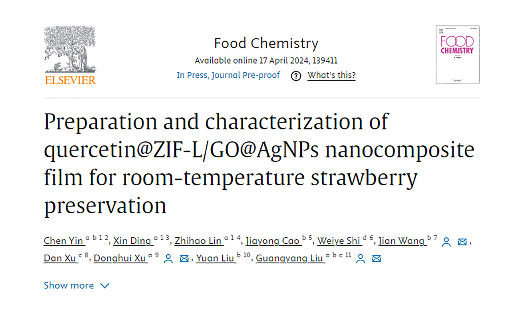 The Quality and Safety Research Group of The Institute of Vegetables and Flowers Developed Quercetin Nanocomposite Film Supported by MOFs for Strawberry Preservation